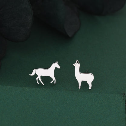 Mismatched Horse & Llama Stud Earrings in Sterling Silver – Farm Animal Asymmetric Earrings, Minimalist Animal Jewellery