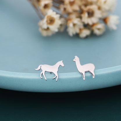 Mismatched Horse & Llama Stud Earrings in Sterling Silver – Farm Animal Asymmetric Earrings, Minimalist Animal Jewellery