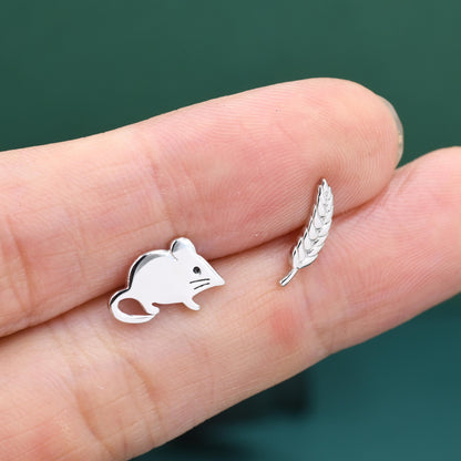Sterling Silver Mouse & Wheat Stud Earrings – Cute Mismatched Shrew Earrings, Minimalist Farm Animal Jewellery, Nature Inspired Gift for Her