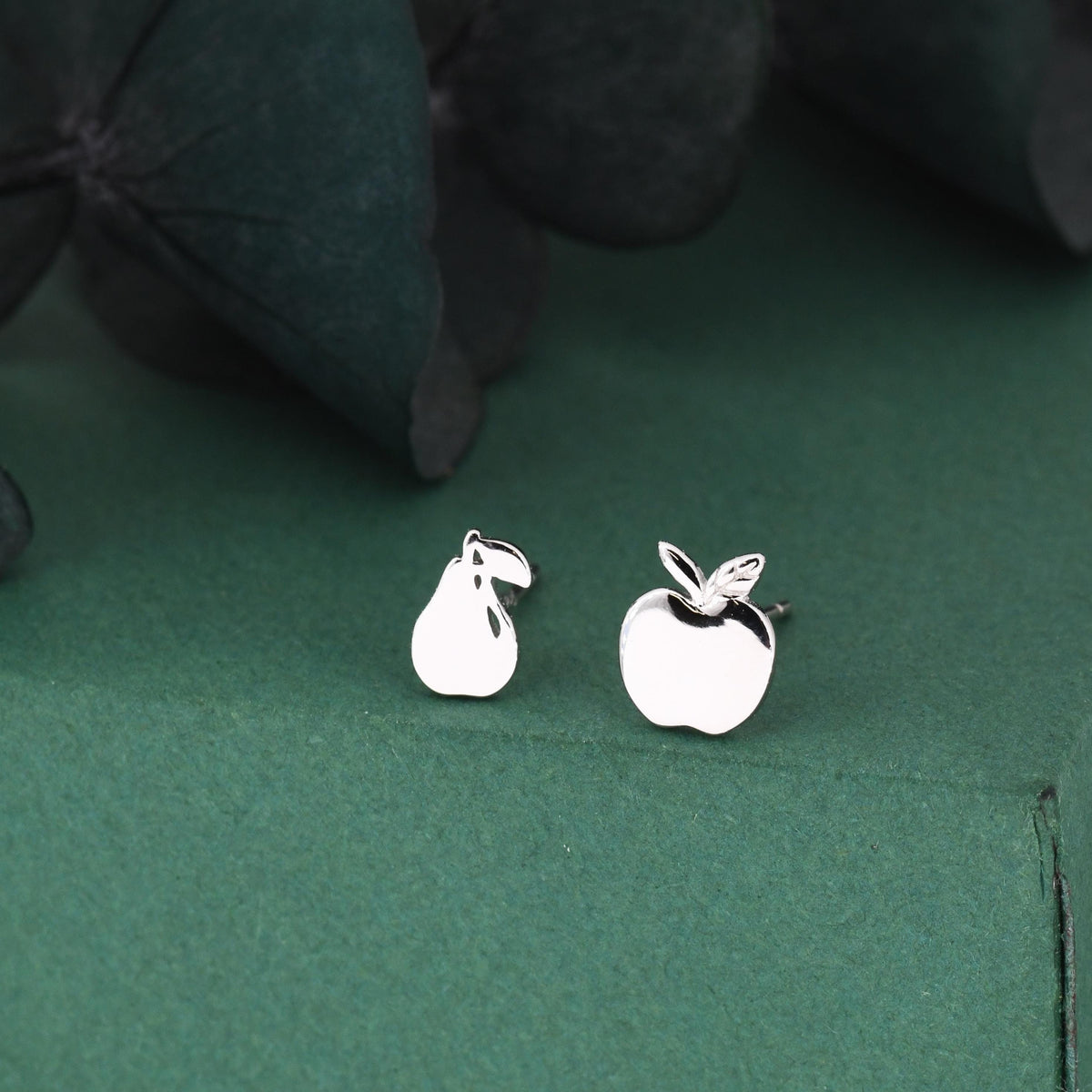 Mismatched Sterling Silver Apple & Pear Stud Earrings – Minimalist Fruit Asymmetric Earrings, Cute Nature Jewellery, Playful Gift for Her