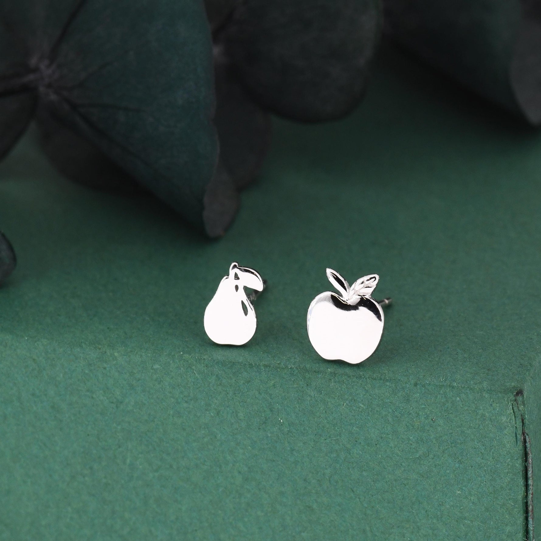 Mismatched Sterling Silver Apple & Pear Stud Earrings – Minimalist Fruit Asymmetric Earrings, Cute Nature Jewellery, Playful Gift for Her