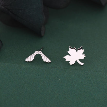 Mismatched Maple Seed & Maple Leaf Stud Earrings In Sterling Silver – Nature Inspired Asymmetric Sycamore Earrings, Botanical Jewellery