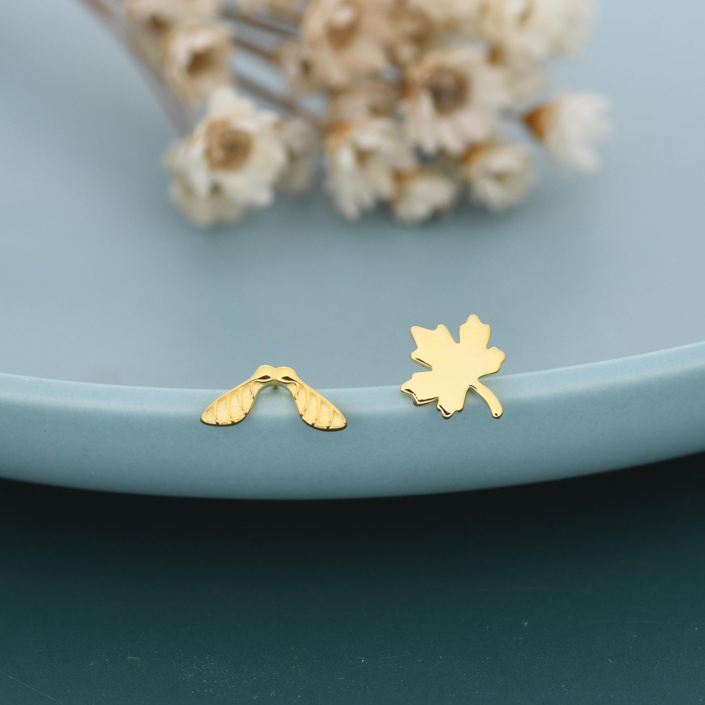 Mismatched Maple Seed & Maple Leaf Stud Earrings In Sterling Silver – Nature Inspired Asymmetric Sycamore Earrings, Botanical Jewellery