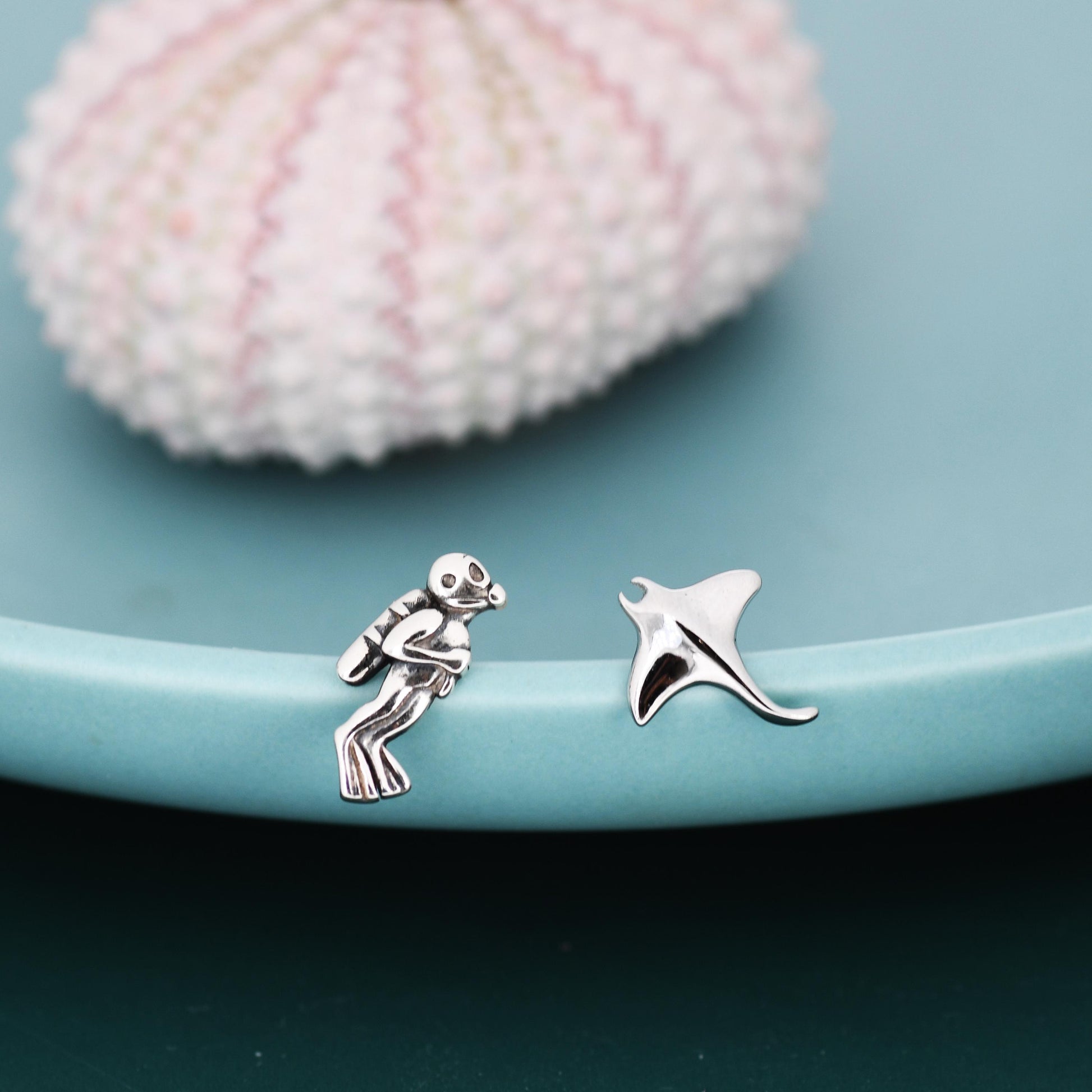 Mismatched Scuba Diver & Manta Ray Stud Earrings in Sterling Silver – Ocean Inspired Asymmetric Earrings, Minimalist Sea Life Jewellery