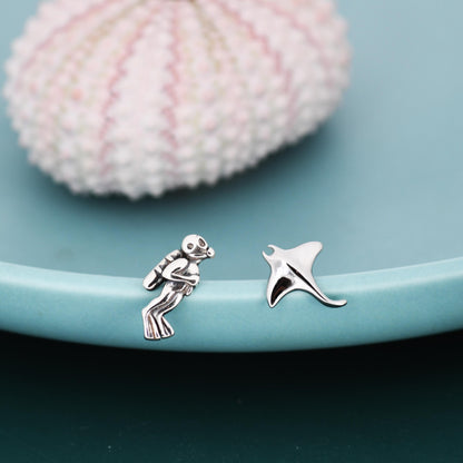 Mismatched Scuba Diver & Manta Ray Stud Earrings in Sterling Silver – Ocean Inspired Asymmetric Earrings, Minimalist Sea Life Jewellery