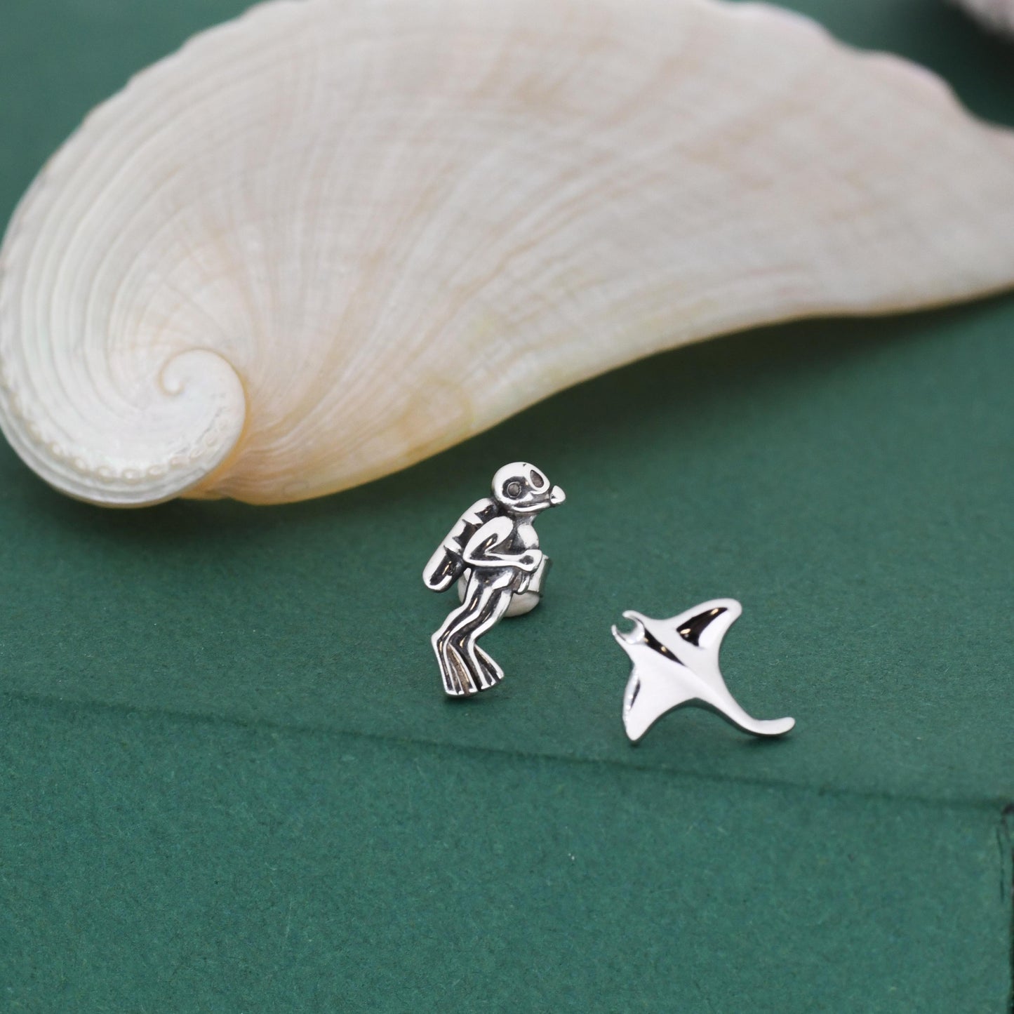 Mismatched Scuba Diver & Manta Ray Stud Earrings in Sterling Silver – Ocean Inspired Asymmetric Earrings, Minimalist Sea Life Jewellery