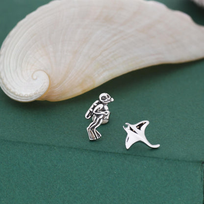 Mismatched Scuba Diver & Manta Ray Stud Earrings in Sterling Silver – Ocean Inspired Asymmetric Earrings, Minimalist Sea Life Jewellery