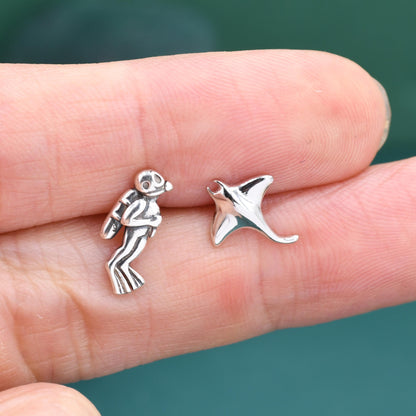 Mismatched Scuba Diver & Manta Ray Stud Earrings in Sterling Silver – Ocean Inspired Asymmetric Earrings, Minimalist Sea Life Jewellery