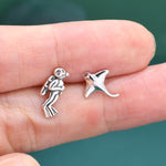 Mismatched Scuba Diver & Manta Ray Stud Earrings in Sterling Silver – Ocean Inspired Asymmetric Earrings, Minimalist Sea Life Jewellery