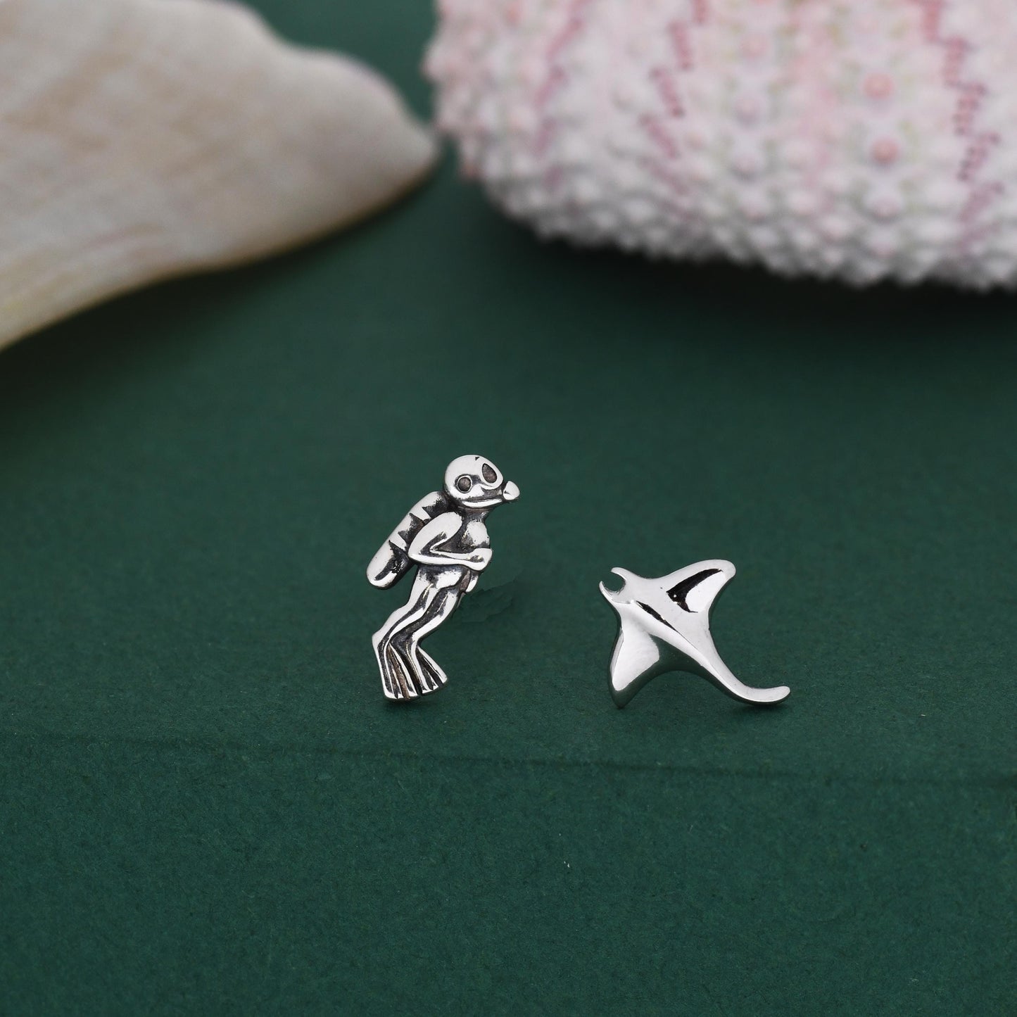 Mismatched Scuba Diver & Manta Ray Stud Earrings in Sterling Silver – Ocean Inspired Asymmetric Earrings, Minimalist Sea Life Jewellery