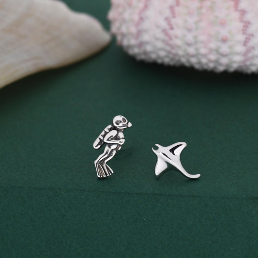 Mismatched Scuba Diver & Manta Ray Stud Earrings in Sterling Silver – Ocean Inspired Asymmetric Earrings, Minimalist Sea Life Jewellery
