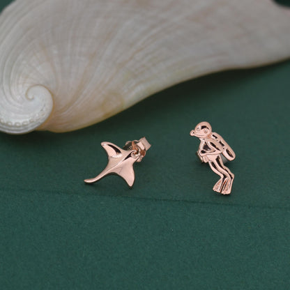Mismatched Scuba Diver & Manta Ray Stud Earrings in Sterling Silver – Ocean Inspired Asymmetric Earrings, Minimalist Sea Life Jewellery