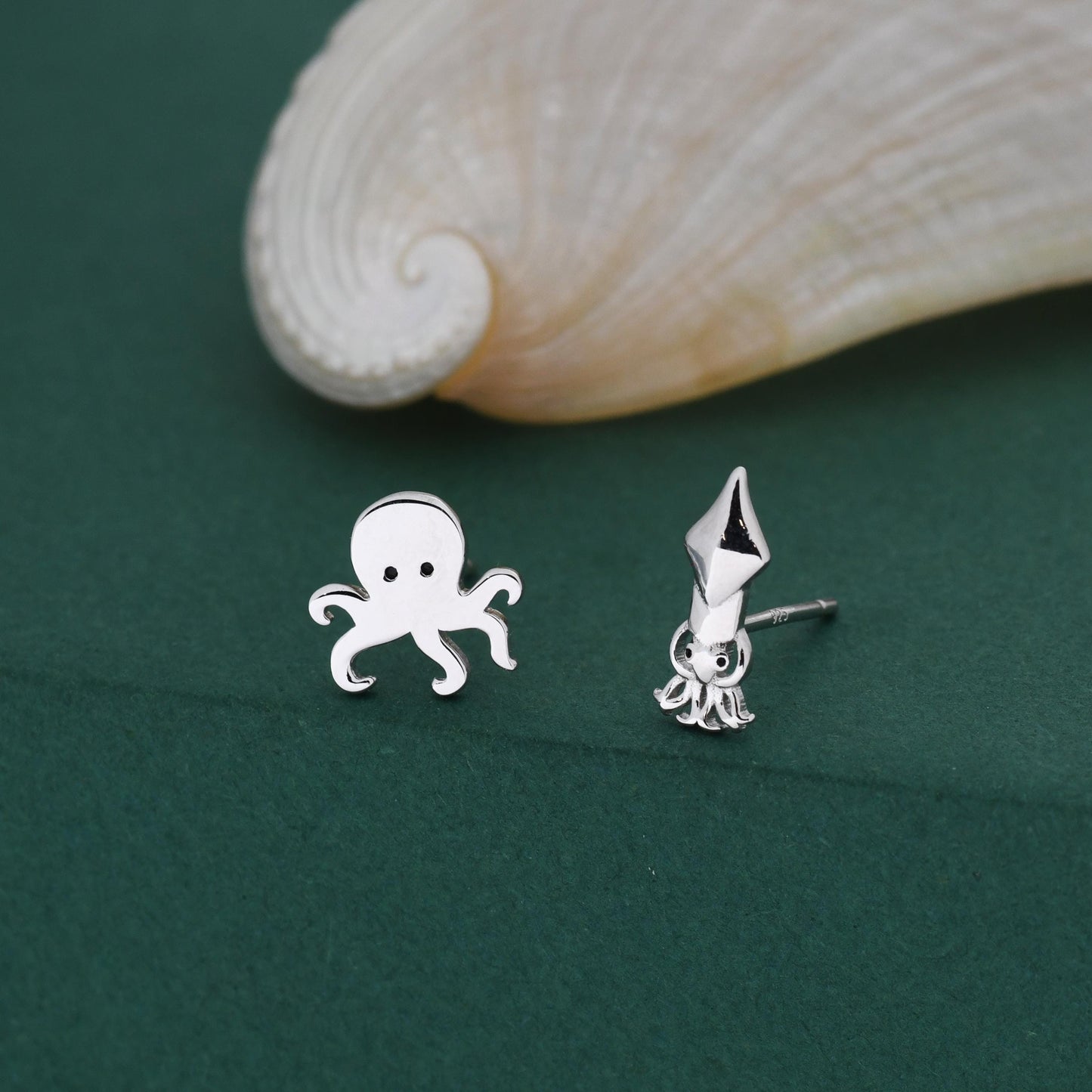 Sterling Silver Octopus & Squid Stud Earrings – Ocean Animal Mismatched Earrings, Minimalist Sea Creature Jewellery, Marine Life Lovers