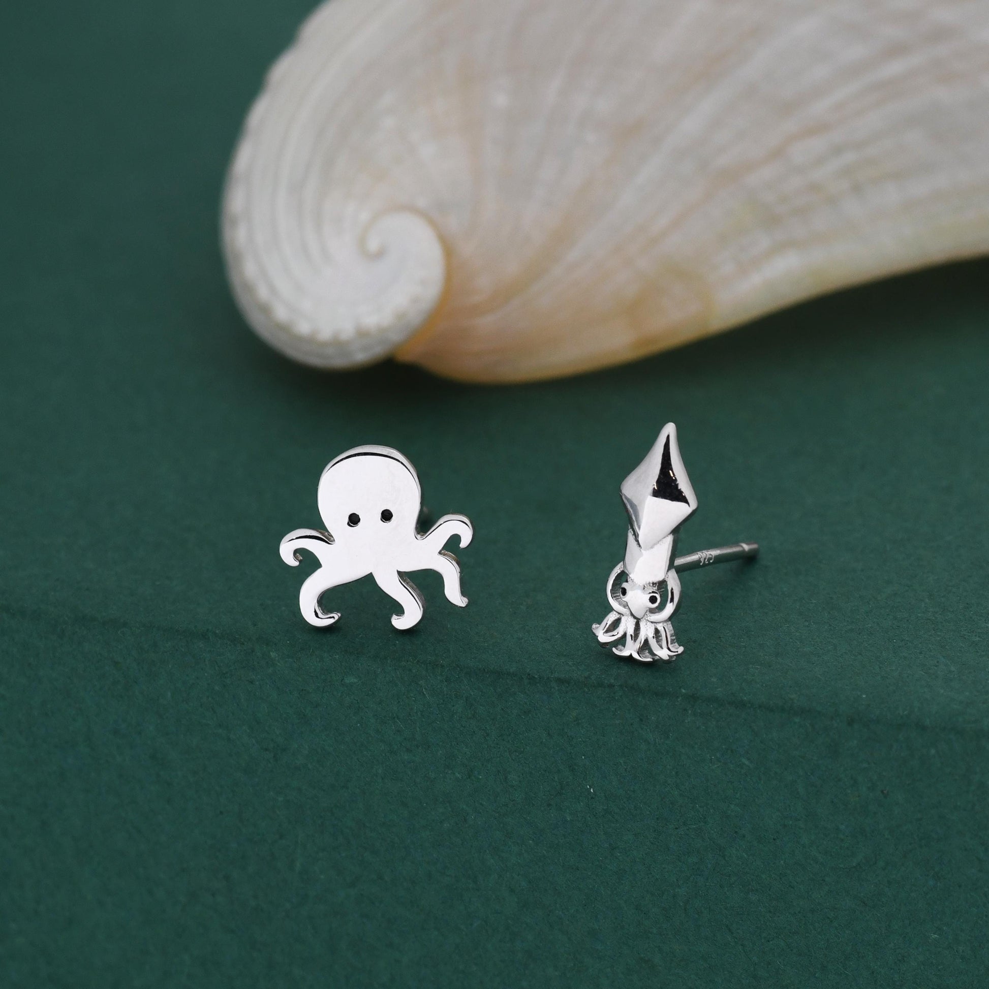 Sterling Silver Octopus & Squid Stud Earrings – Ocean Animal Mismatched Earrings, Minimalist Sea Creature Jewellery, Marine Life Lovers