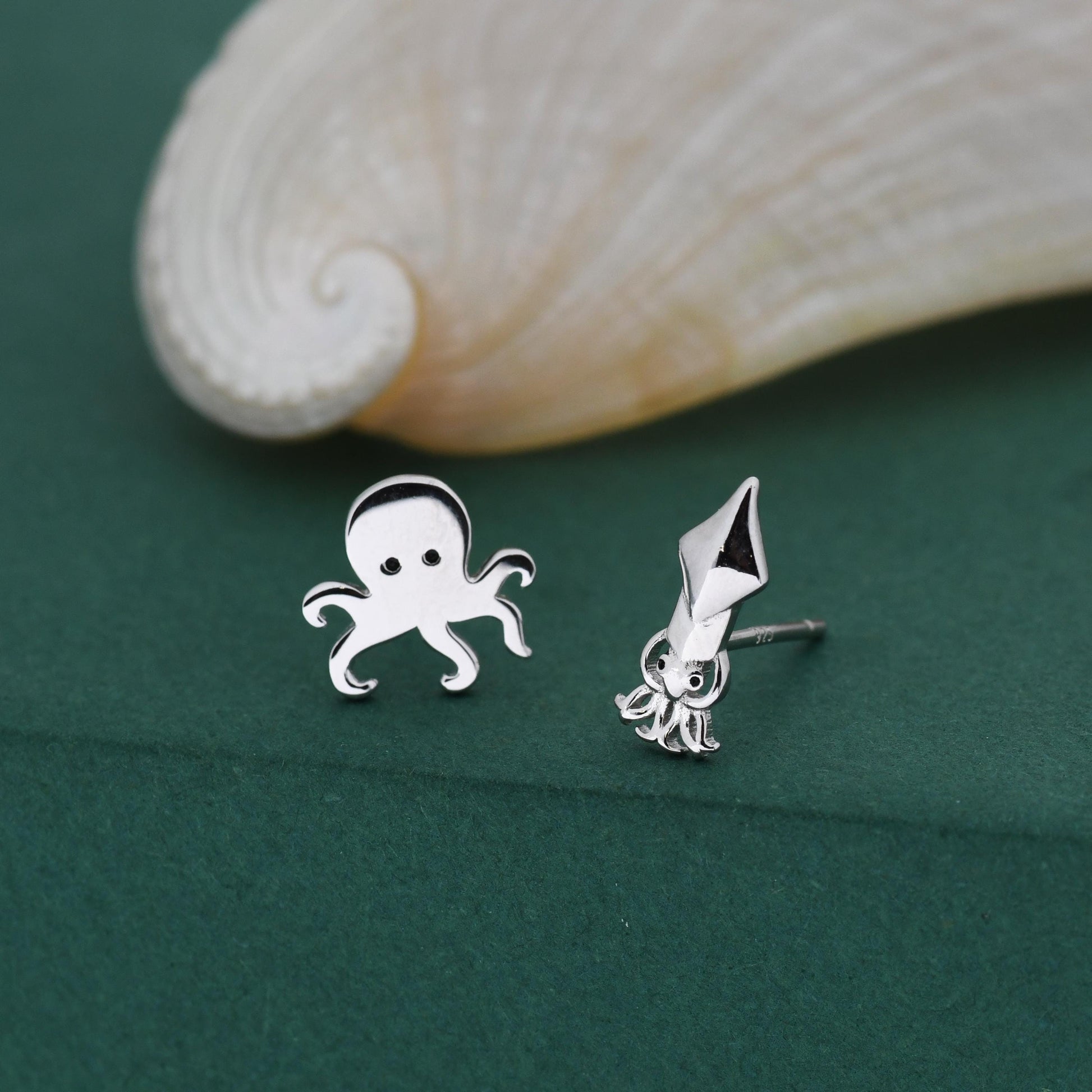 Sterling Silver Octopus & Squid Stud Earrings – Ocean Animal Mismatched Earrings, Minimalist Sea Creature Jewellery, Marine Life Lovers