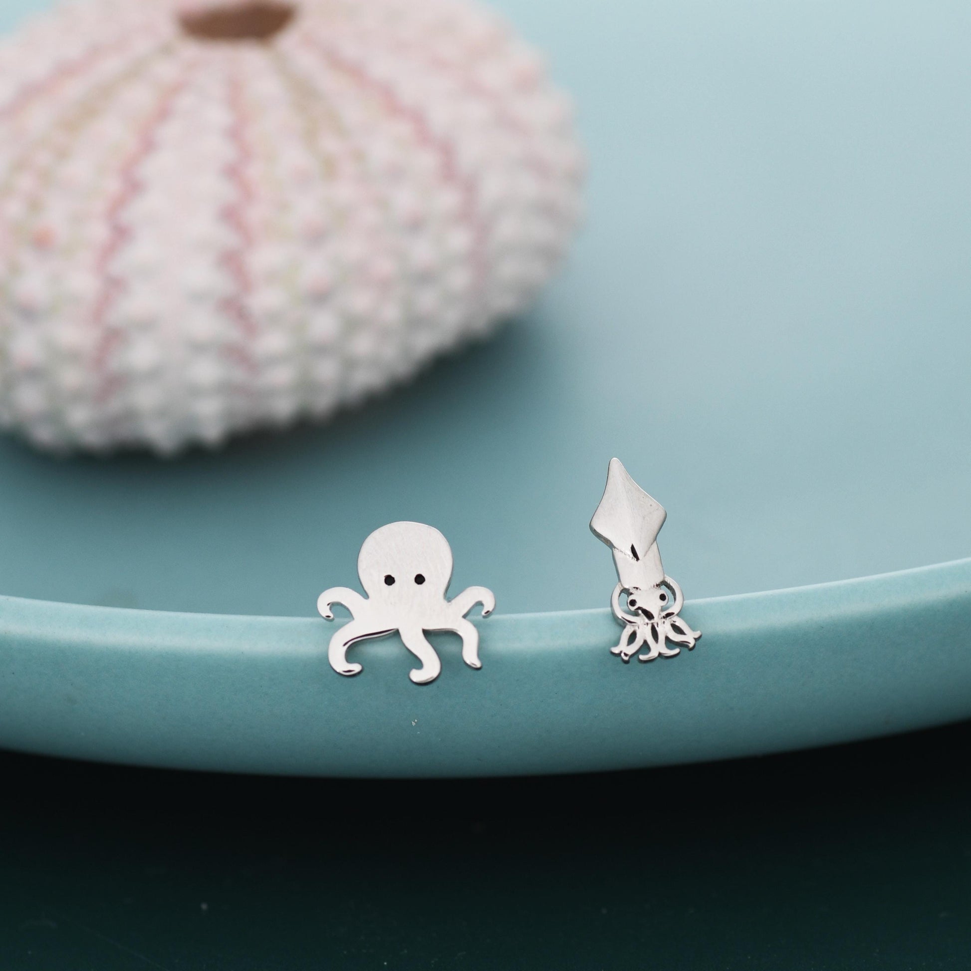 Sterling Silver Octopus & Squid Stud Earrings – Ocean Animal Mismatched Earrings, Minimalist Sea Creature Jewellery, Marine Life Lovers
