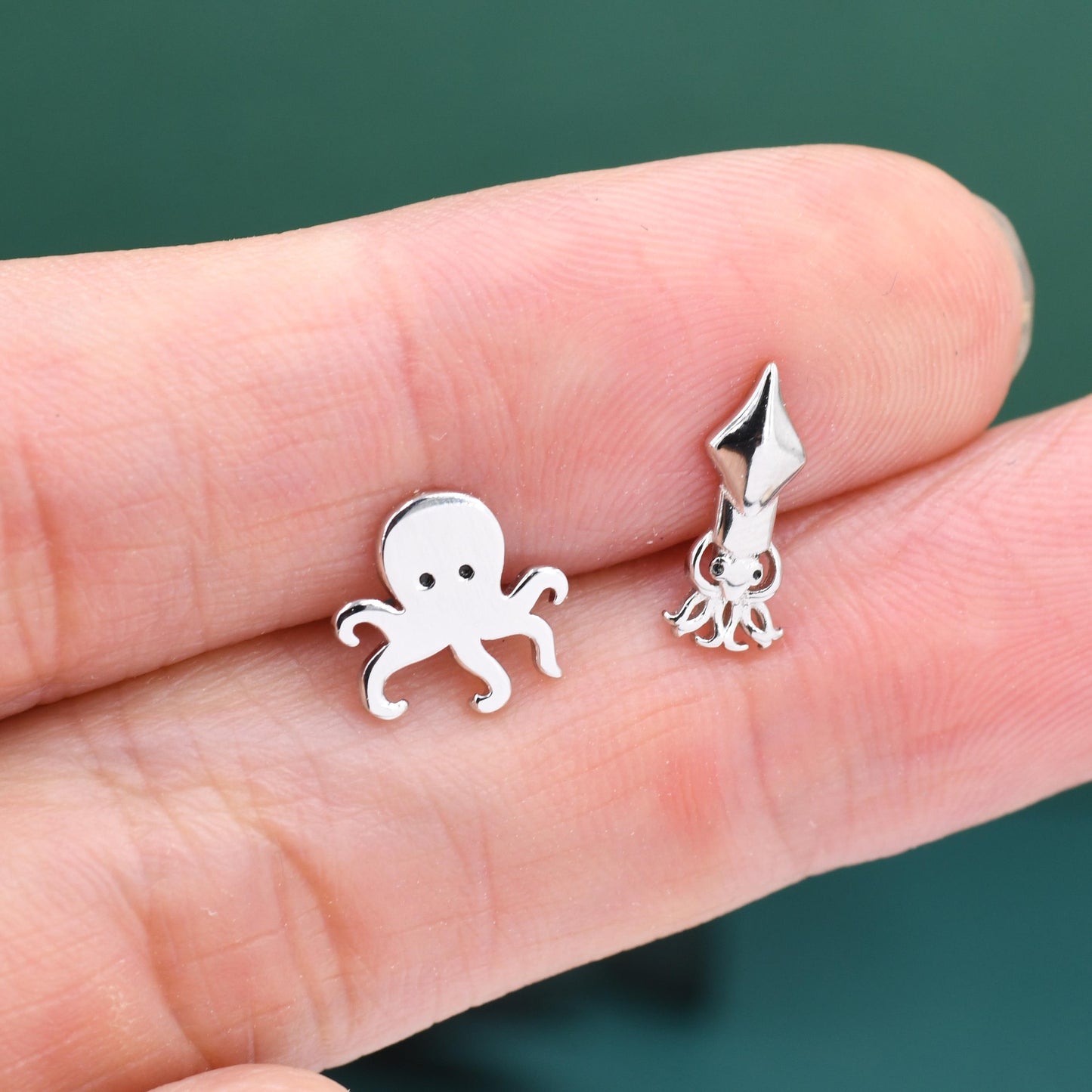 Sterling Silver Octopus & Squid Stud Earrings – Ocean Animal Mismatched Earrings, Minimalist Sea Creature Jewellery, Marine Life Lovers