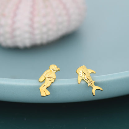 Mismatched Scuba Diver & Whale Shark Stud Earrings In Sterling Silver – Ocean Inspired Asymmetric Earrings, Minimalist Sea Life Jewellery
