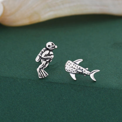 Mismatched Scuba Diver & Whale Shark Stud Earrings In Sterling Silver – Ocean Inspired Asymmetric Earrings, Minimalist Sea Life Jewellery