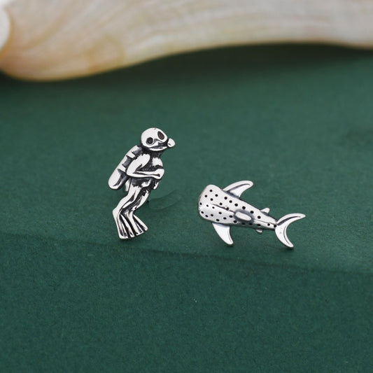 Mismatched Scuba Diver & Whale Shark Stud Earrings In Sterling Silver – Ocean Inspired Asymmetric Earrings, Minimalist Sea Life Jewellery