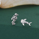 Mismatched Scuba Diver & Whale Shark Stud Earrings In Sterling Silver – Ocean Inspired Asymmetric Earrings, Minimalist Sea Life Jewellery