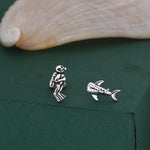 Mismatched Scuba Diver & Whale Shark Stud Earrings In Sterling Silver – Ocean Inspired Asymmetric Earrings, Minimalist Sea Life Jewellery