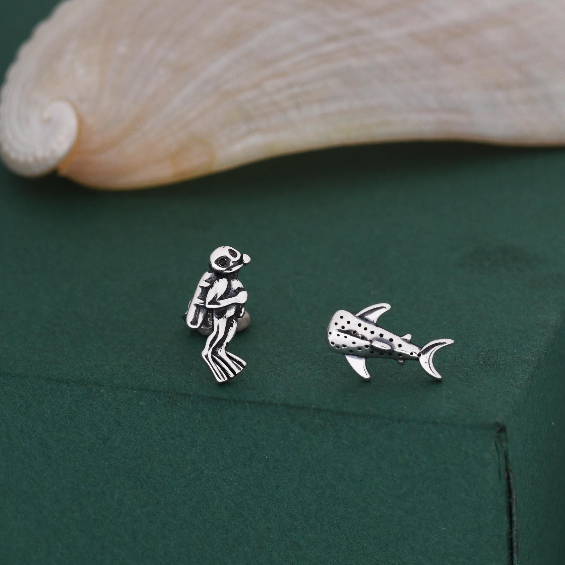 Mismatched Scuba Diver & Whale Shark Stud Earrings In Sterling Silver – Ocean Inspired Asymmetric Earrings, Minimalist Sea Life Jewellery