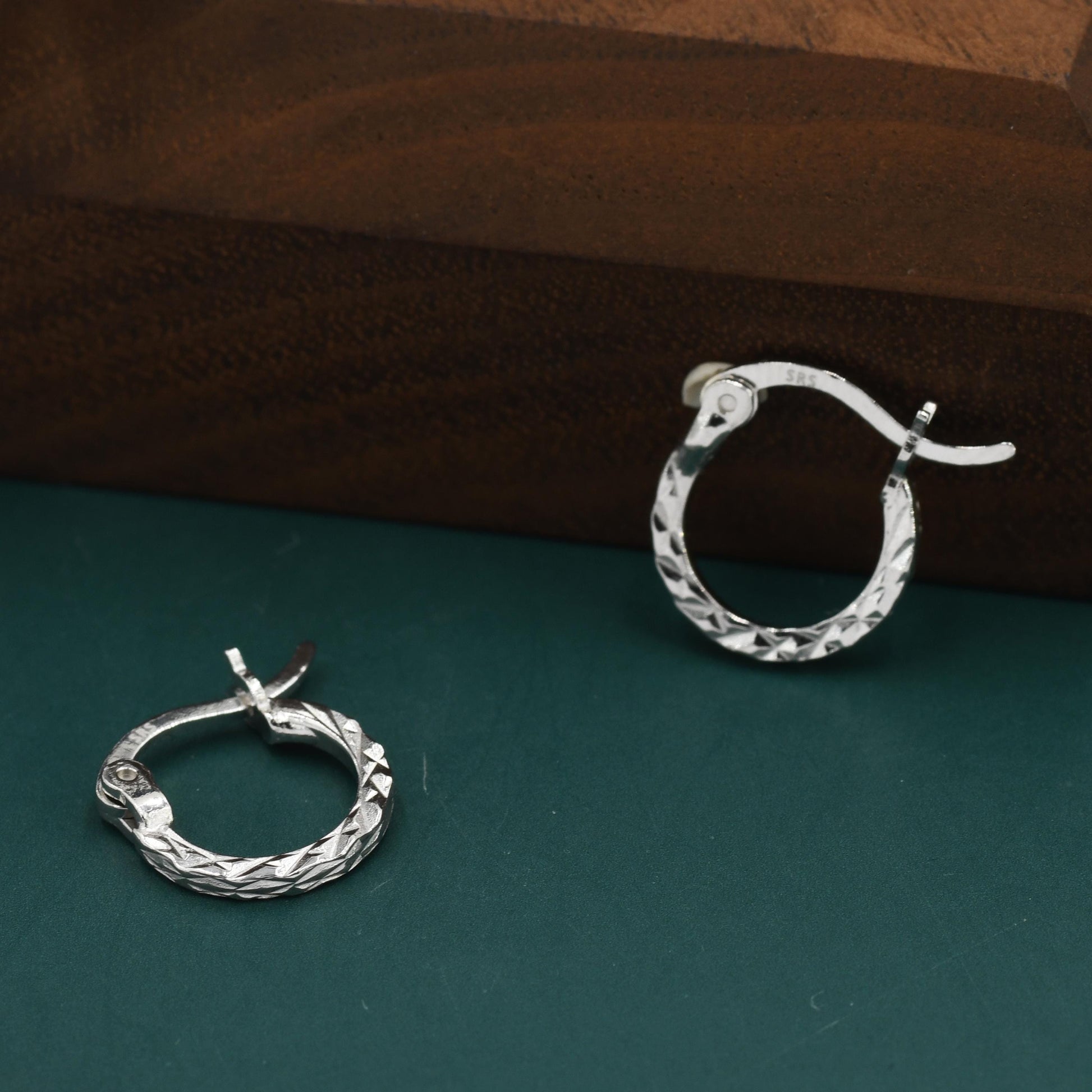 Sterling Silver Diamond Cut Huggie Hoops, Textured Faceted Hoops, Silver or Gold, 8mm or 10mm, Dainty Huggie Hoops Earrings