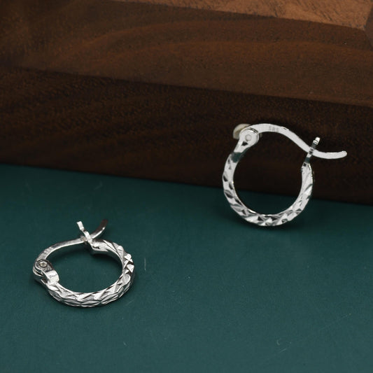 Sterling Silver Diamond Cut Huggie Hoops, Textured Faceted Hoops, Silver or Gold, 8mm or 10mm, Dainty Huggie Hoops Earrings
