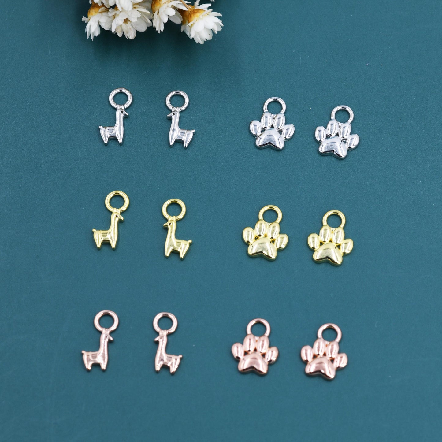 Llama and Paw Print Charms for Huggie Hoops in Sterling Silver, Sold as a Pair, Animal Charms for Hoops, Silver or Gold or Rose Gold