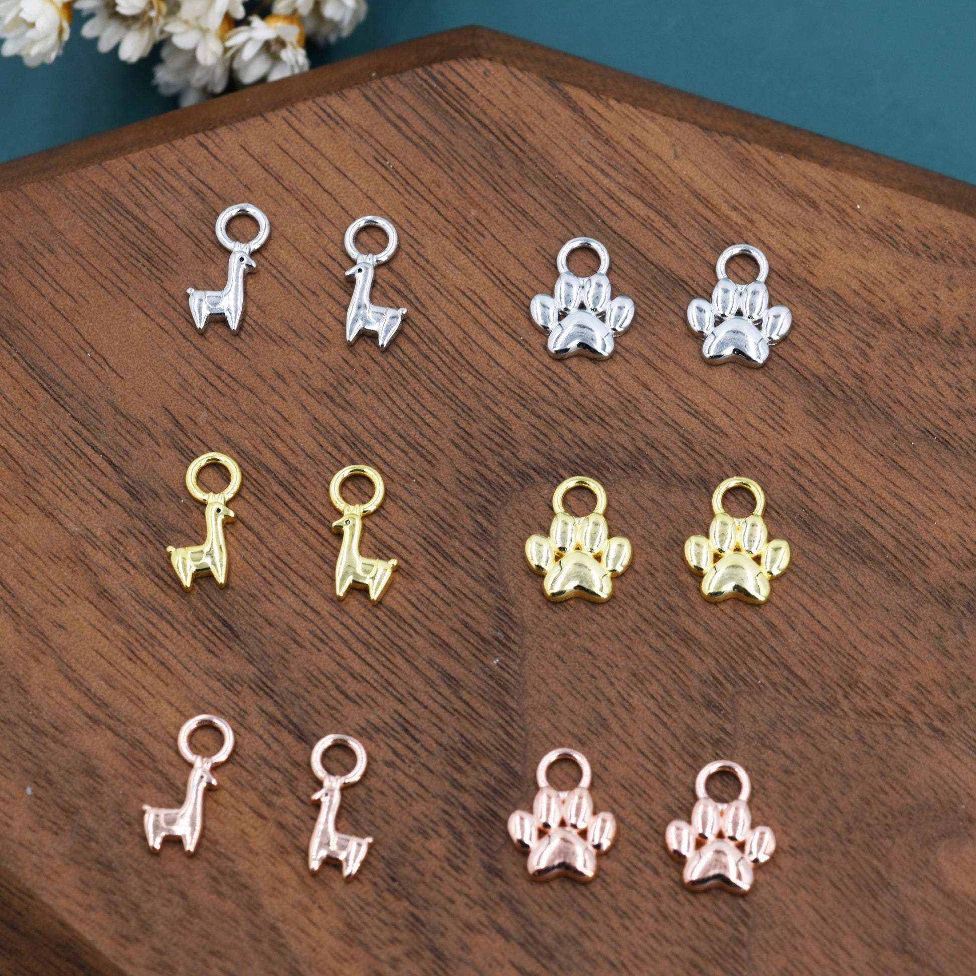 Llama and Paw Print Charms for Huggie Hoops in Sterling Silver, Sold as a Pair, Animal Charms for Hoops, Silver or Gold or Rose Gold