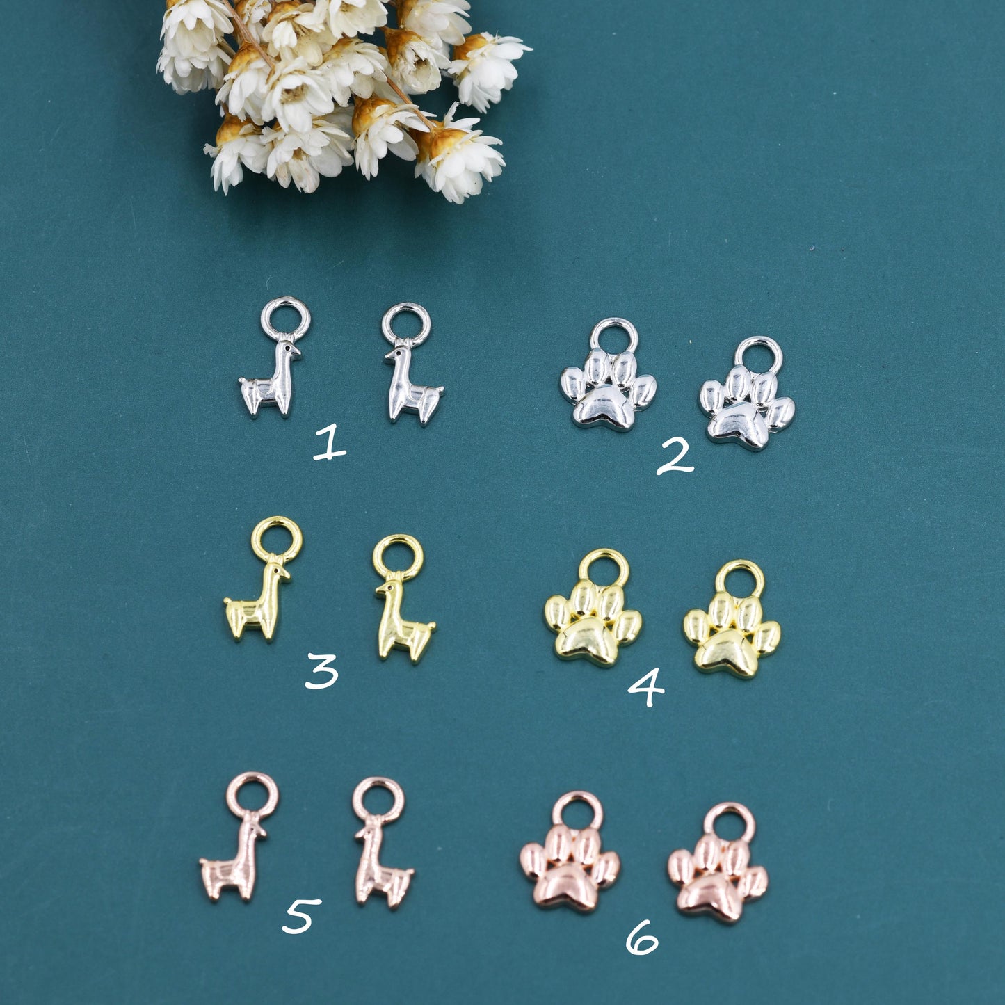 Llama and Paw Print Charms for Huggie Hoops in Sterling Silver, Sold as a Pair, Animal Charms for Hoops, Silver or Gold or Rose Gold