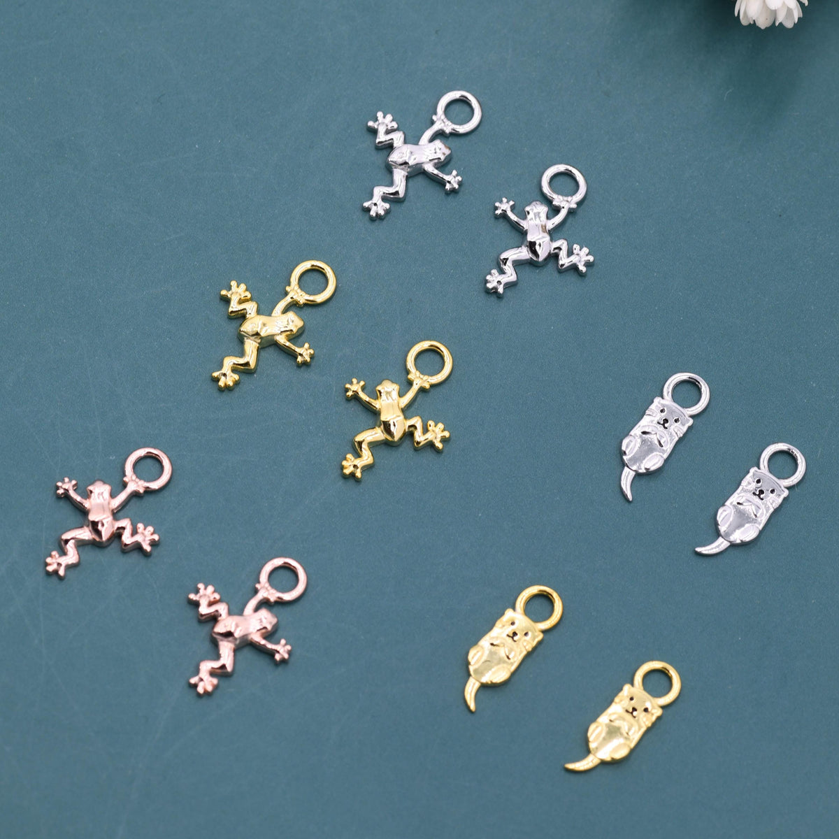 Frog and Otter Charms for Huggie Hoops in Sterling Silver, Sold as a Pair, Animal Charms for Hoops, Silver, Gold or Rose Gold