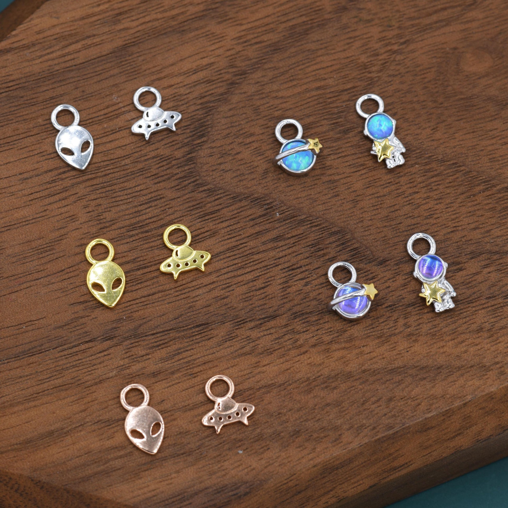 Mismatched Pair of Extraterrestrial Charms for Huggie Hoops in Sterling Silver, Alien and Spaceship Charms, Silver, Gold or Rose Gold Finish