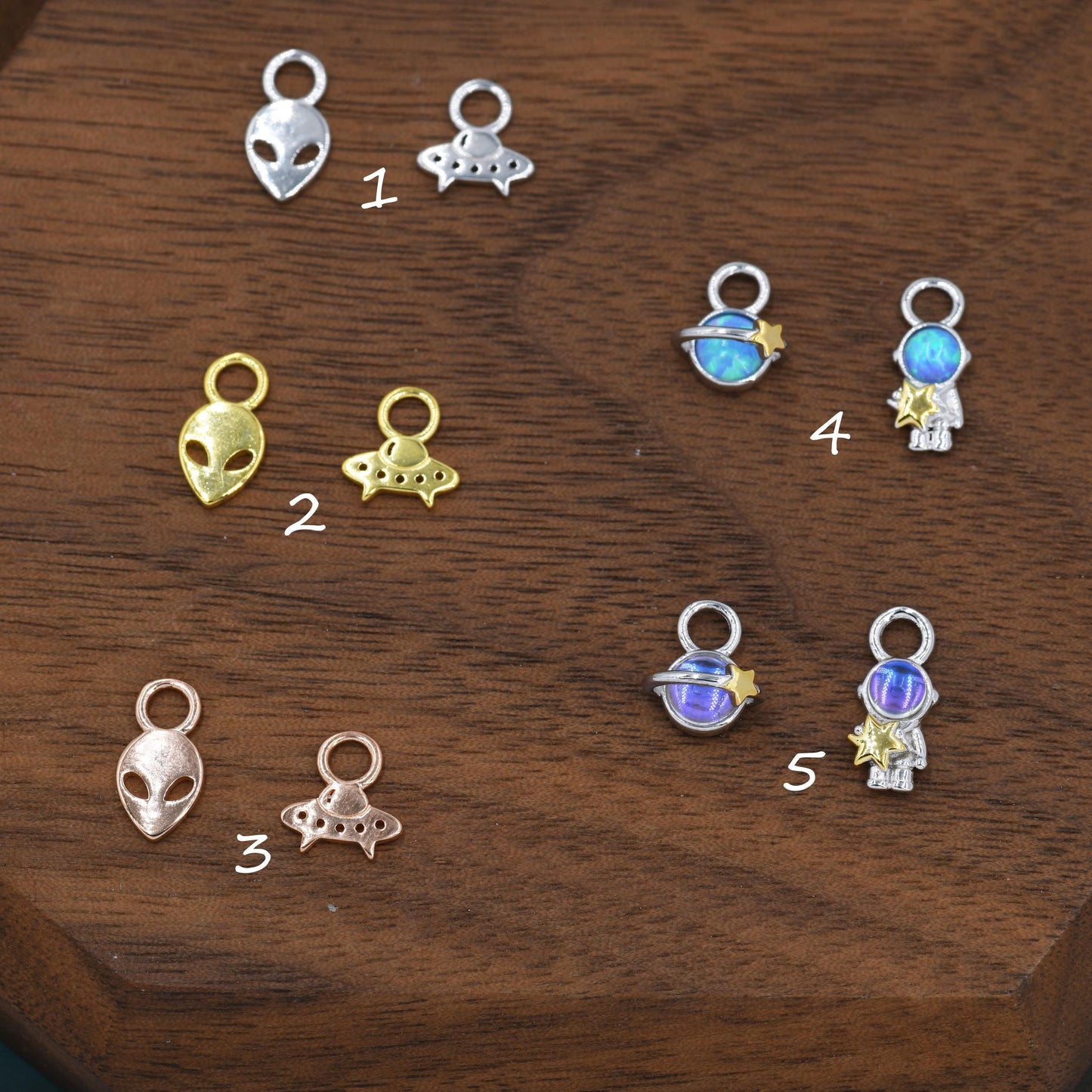 Mismatched Pair of Extraterrestrial Charms for Huggie Hoops in Sterling Silver, Alien and Spaceship Charms, Silver, Gold or Rose Gold Finish