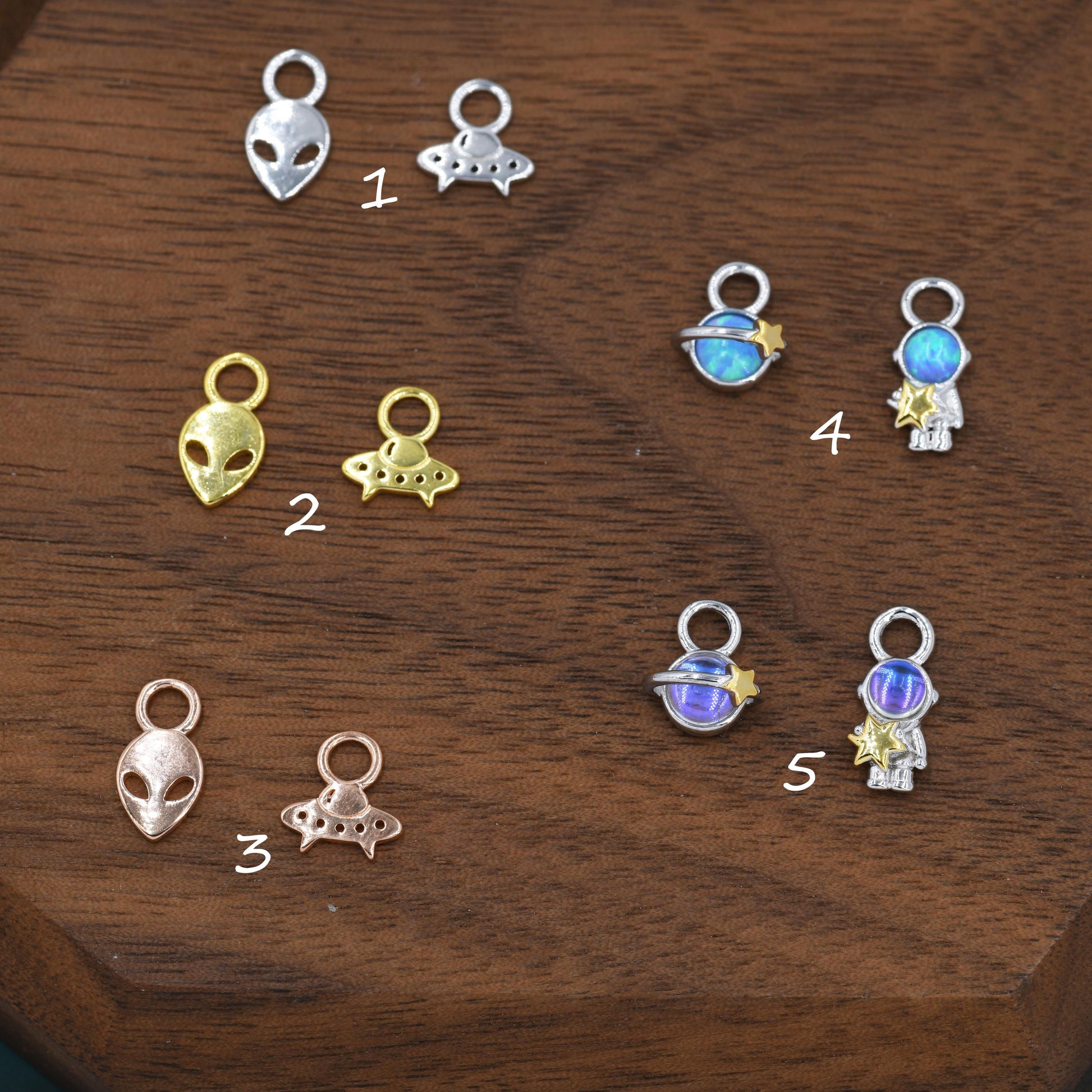 Mismatched Pair of Extraterrestrial Charms for Huggie Hoops in Sterling Silver, Alien and Spaceship Charms, Silver, Gold or Rose Gold Finish