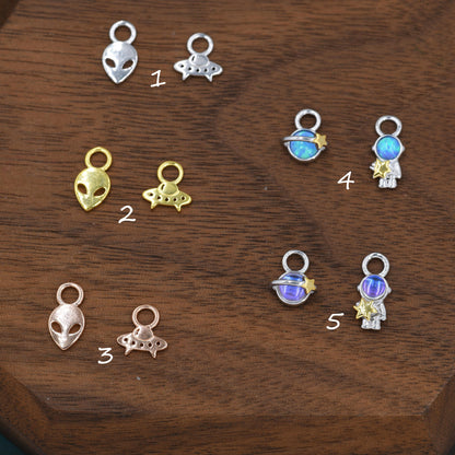 Mismatched Pair of Extraterrestrial Charms for Huggie Hoops in Sterling Silver, Alien and Spaceship Charms, Silver, Gold or Rose Gold Finish