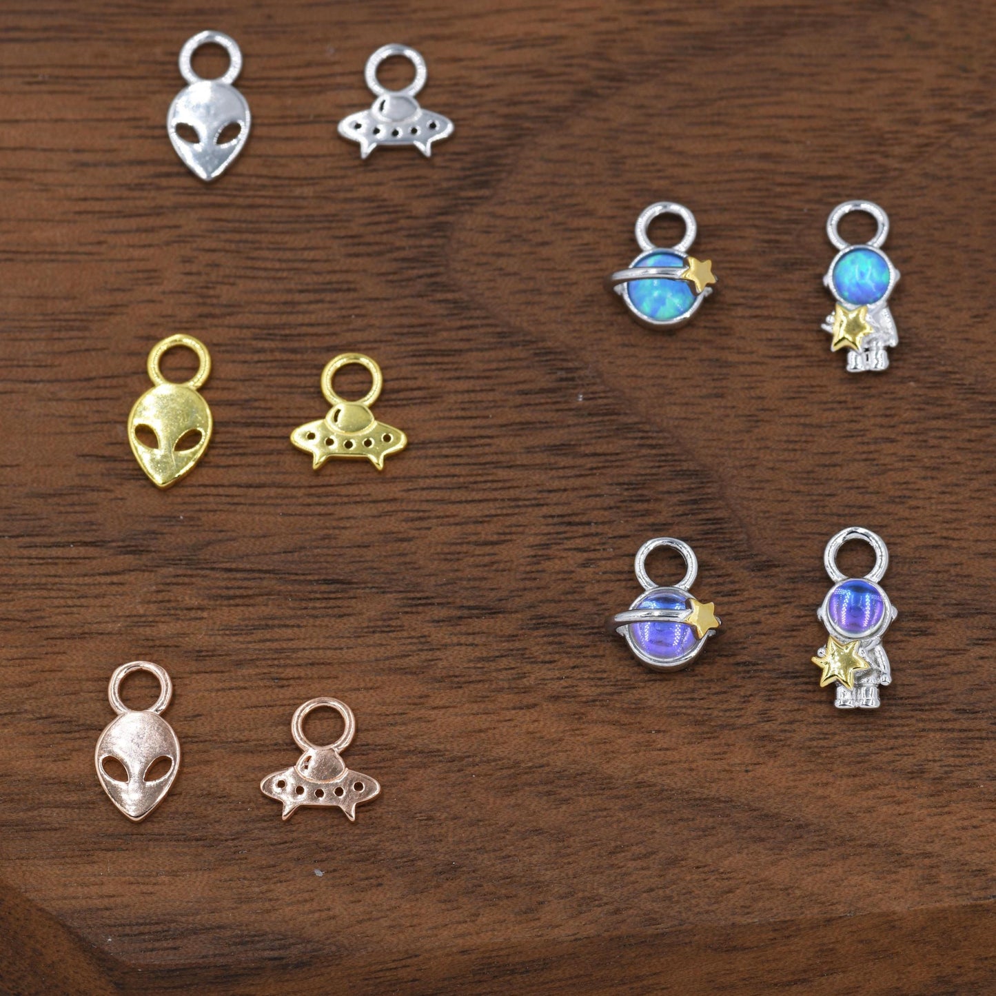 Mismatched Pair of Extraterrestrial Charms for Huggie Hoops in Sterling Silver, Alien and Spaceship Charms, Silver, Gold or Rose Gold Finish