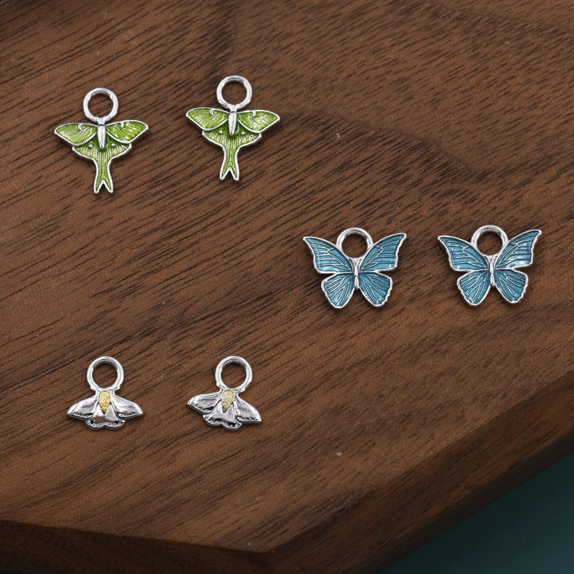 Butterfly and Moth Charms for Huggie Hoops in Sterling Silver, Sold as a Pair, Insect Charms for Hoops