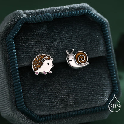 Mismatched Hedgehog and Snail Stud Earrings in Sterling Silver, Woodland Hedgehog Earrings, Nature Inspired Animal Earrings, Asymmetric