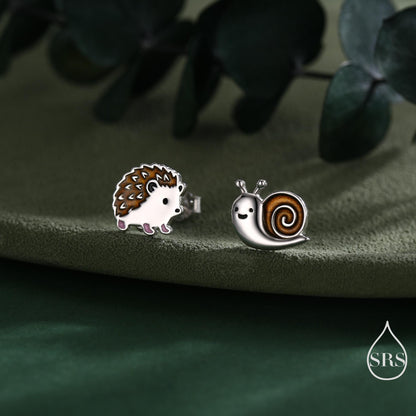 Mismatched Hedgehog and Snail Stud Earrings in Sterling Silver, Woodland Hedgehog Earrings, Nature Inspired Animal Earrings, Asymmetric