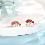 Mismatched Salmon and Prawn Sushi Stud Earrings in Sterling Silver - Silver or Gold Finish - Enamel Japanese Food Jewellery, Salmon Earrings