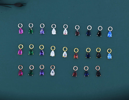 CZ Droplet Charms for Huggie Hoops, Sterling Silver, Gold, or Rose Gold, Pear Shaped, Detachable Earrings Charms