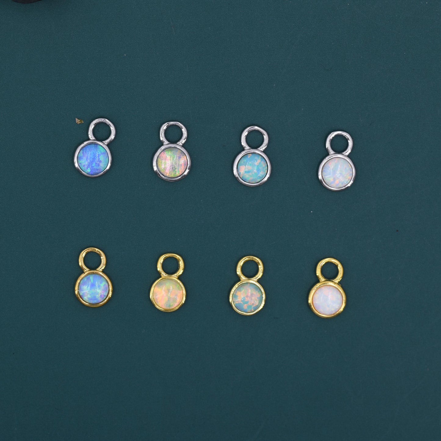 Opal Charms for Huggie Hoops, Sterling Silver Round Circle Opal Charms for Earrings, Detachable, Silver or Gold
