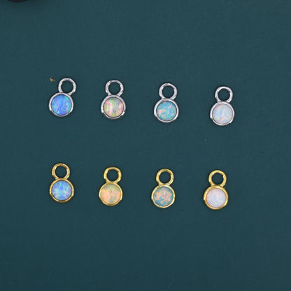 Opal Charms for Huggie Hoops, Sterling Silver Round Circle Opal Charms for Earrings, Detachable, Silver or Gold