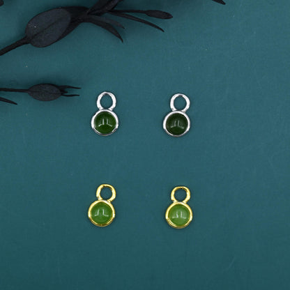 Natural Jasper Jade Charms for Huggie Hoops, Sterling Silver Round Circle Jade Charms for Earrings, Detachable, Silver or Gold
