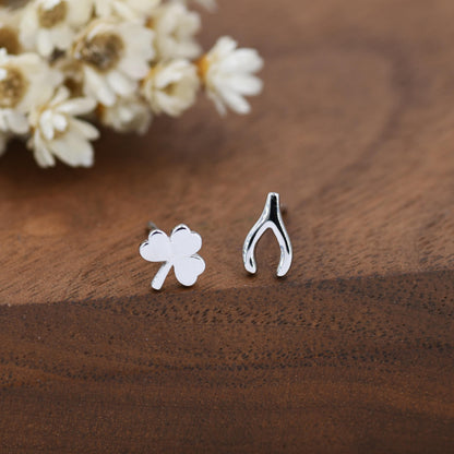 Mismatched Wishbone and Shamrock Leaf Stud Earrings in Sterling Silver, Silver, Gold or Rose Gold Finish, Asymmetric Small Good Luck Earring