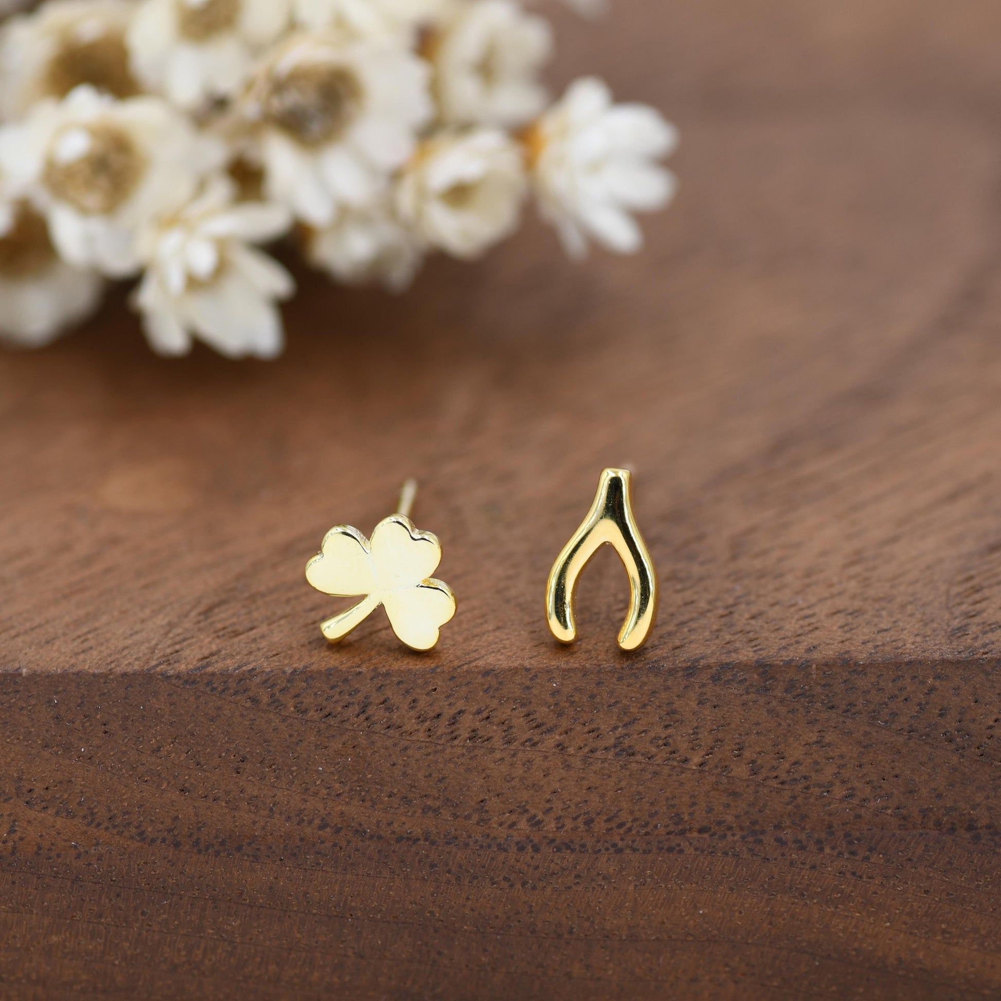 Mismatched Wishbone and Shamrock Leaf Stud Earrings in Sterling Silver, Silver, Gold or Rose Gold Finish, Asymmetric Small Good Luck Earring