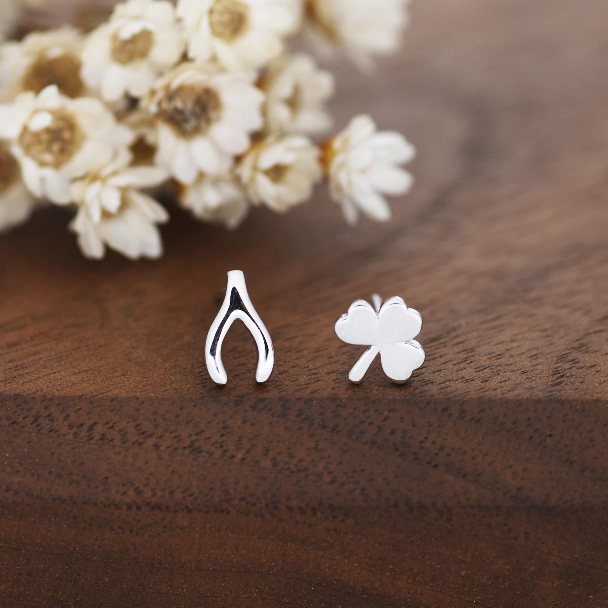 Mismatched Wishbone and Shamrock Leaf Stud Earrings in Sterling Silver, Silver, Gold or Rose Gold Finish, Asymmetric Small Good Luck Earring