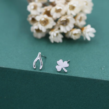 Mismatched Wishbone and Shamrock Leaf Stud Earrings in Sterling Silver, Silver, Gold or Rose Gold Finish, Asymmetric Small Good Luck Earring
